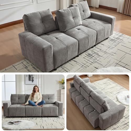 Merax 3-Sitzer Schlafsofa mit Verstellbarer Sitztiefe, multifunktionales Sofa mit Liegefläche & Gästebett, Chenille-Stoff, robuster Massivholzrahmen, gerades Kompaktdesign, Grau