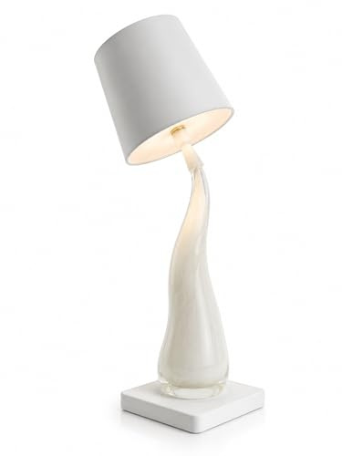Lámpara cuerno de cristal artístico – Artesanal estilo Murano – Base moderna con pantalla – Diseño elegante fabricado en Italia (blanco leche)