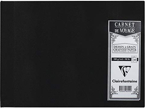 Clairefontaine 96040C - Un carnet de voyage 120 pages de papier dessin à grain 14,8x21 cm 180g, couverture toilée, Noir