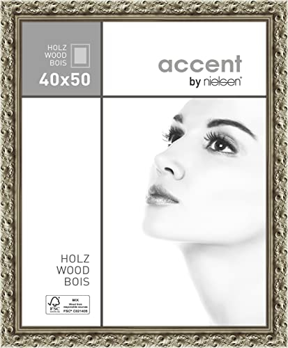 accent by nielsen Bilderrahmen, 40 x 50 cm, Holz, Silber, Posterrahmen zum Aufhängen im Hoch- & Querformat, Echtglas, Arabesque
