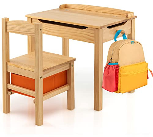COSTWAY Kindertisch mit Stuhl, Schreibtisch aus Massivholz mit klappbarer Tischplatte, Schublade & Haken, Aktivitätstisch Kindersitzgruppe mit Stauram für Kinder ab 3 Jahren (Natur)