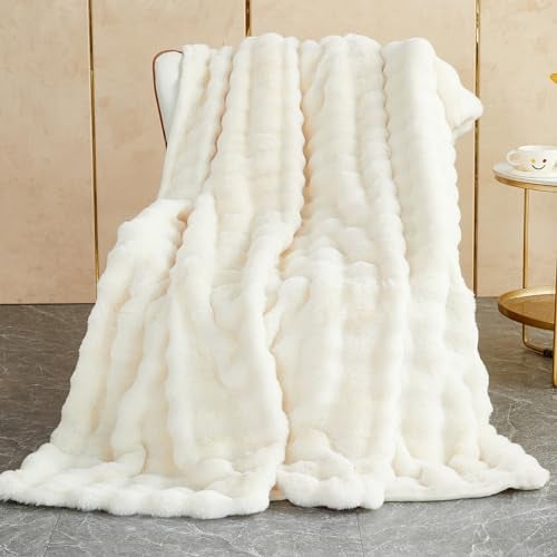 SHANNA Couverture en polaire, fausse fourrure de lapin, moelleuse et chaude, polyvalente, 1 000 g/m² d'épaisseur, 100 x 160 cm, blanc