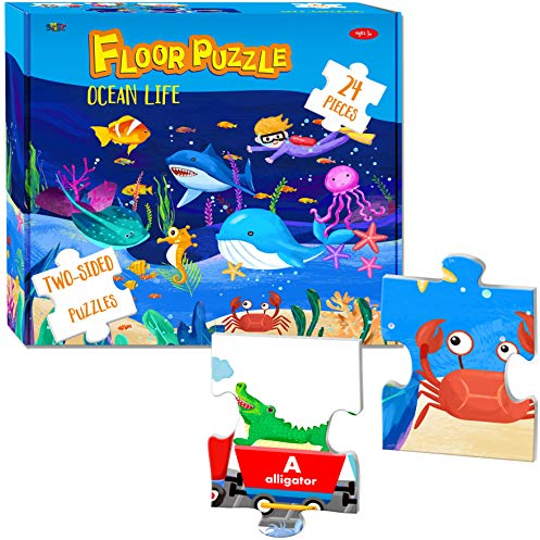 24 Doppelseitige Bodenpuzzles, 2 Themen, Ozean Welt Leben im Meer und Alphabetzug für das Frühe Lernen im Vorschulalter (46 x 61 cm)