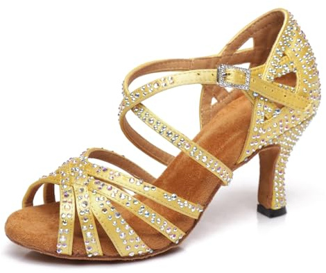MINITOO Women's Ballroom Dance Shoes Glitter Rhinestones Salsa Latin Dancing Heels L423 Yellow UK 3.5