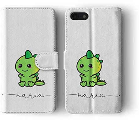 Tirita Personalised Initials Custom Wallet Leather Flip Phone Case Compatible with iPhone 11 Pro Max Chubby Dinosaur Happy Dino