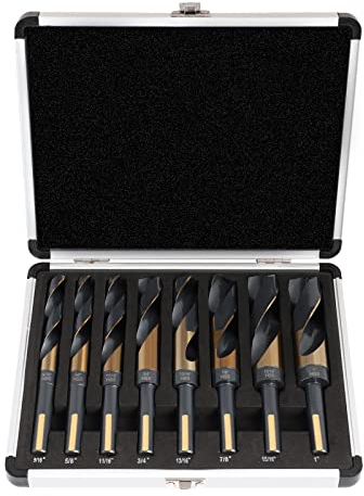 COMOWARE Reduced Shank Drill Bit Set, 8 Sizes from 9/16 to 1, HSS M2, Black & Gold Drill Bit with 3-Flat 1/2 Shank, 135° Split Point, Drills Bits for Metal/Plastic/Wood, with Storage case