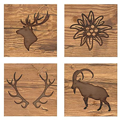 SUN WOOD Stick-it Mosaik //HEIMAT MIX 805 – Wanddeko Holz quadratisch mit Altholz Landhaus Stil Motiven 4 Holzfliesen 20x20cm Wandelemente