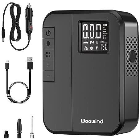 Woowind DP3 Kompressor Akku Elektrische Luftpumpe, 12V Luftkompressor Auto Fahrradpumpe Elektrisch für Autoreifen, Fahrrad, Motorrad, Roller, Dirtybike und Ball (AKA NewoCube)…
