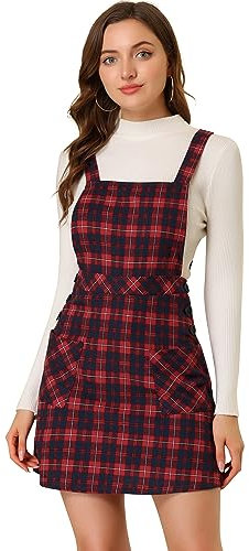 Allegra K Femme Robe Chasuble Trapèze à Motif Tartan à Carreaux Noir rouge L