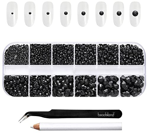 Beadsland 2500pcs Black Flatback Strasssteine, Flatback Gems Round Black Crystal Strasssteine zum Basteln Gemischt 8 Größen SS4 ~ SS30 mit Picking Pinzette und Stift (Schwarz)
