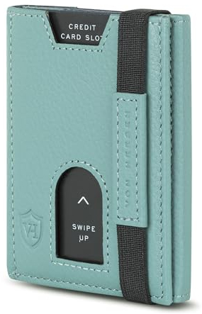 VON HEESEN Slim Wallet mit XL Münzfach & RFID-Schutz - Leder Geldbeutel - Mini Geldbörse für Herren und Damen - Kartenetui Echtleder Karten Portemonnaie klein - Kreditkartenetui Türkis Silver Pine