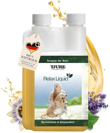 TJURE Relax Liquid für Hunde 500 ml – Kräuter für Ruhe & Ausgeglichenheit | Pflanzliches Ergänzungsfutter für Silvester, Gewitter, Autofahrten & Tierarztbesuche – Made in Germany
