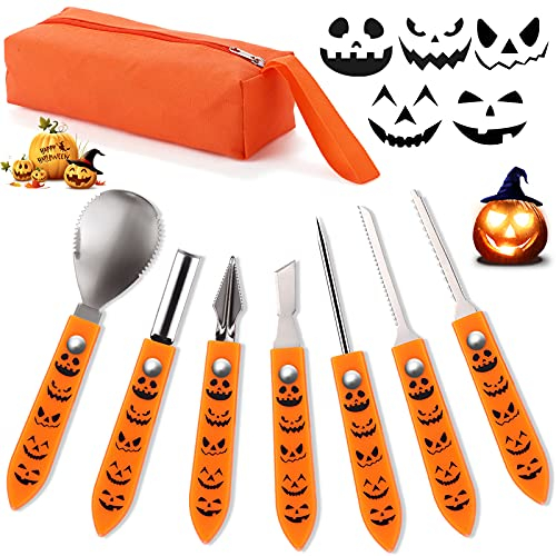 Hukermoon Juego de 7 Tallas de Calabazas de Halloween, Herramientas Profesional de Talla de Calabaza, Herramienta para calabazas adultos, Herramienta de Bricolaje de Acero Inoxidable para Niños