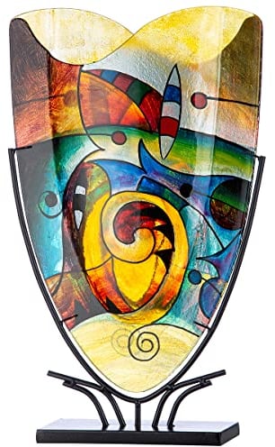 GILDE GLAS art Deko Vase auf schwarzem Metall Ständer - Kunstobjekt handbemalt - Mehrfarbig Höhe 58 cm