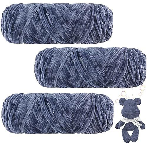 Maxee 300g(3×100g) Samtig Babywolle, Samt Wolle, Samt Chenille Garn, Kuschelweich Chenillegarn, Flauschige Weich Plüschwolle, Häkelgarn Wolle Zum Stricken & Häkeln-Blau grau