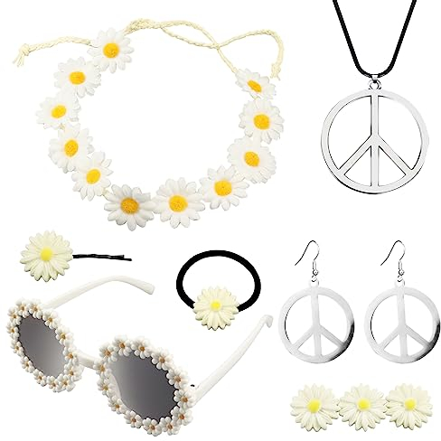 CYUaoao Hippie Kostüm Set Accessoires 70er Jahre 8 Stück 60er 70er Jahre Retro Zubehör Accessoires Vintage mit Vintage Brille Stirnband Halskette Ohrringe Haarspangen Haargummi für Party
