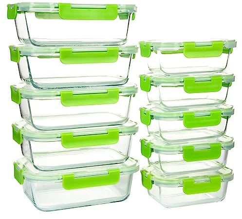 UMEIED 10 PACK Glass Food Storage Containers with Leak Proof Lids, Glass Airtight Meal Prep Containers Set for Lunch, On the Go, Leftover, Kitchen Pantry Organizers and Storage (Green)