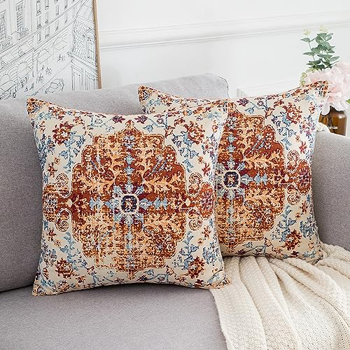 Cheekywares Bohemian Kissenbezug 40 x 40 cm Leinen Sofakissen Kissenhülle Senfgelber Stammes Teppich Rostmuster Heimdekoration Deko Kissen Kissenbezüge für Bett, Sofa, Couch, Wohnzimmer, 2er-Set