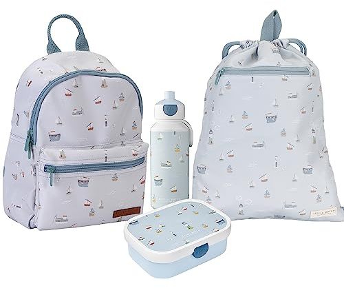 Little Dutch SB-RU-TB-BD-PU Set Kinderrucksack, Kinderturnbeutel & Brotdose Campus & Trinkflasche Pop-up - Sailors Bay