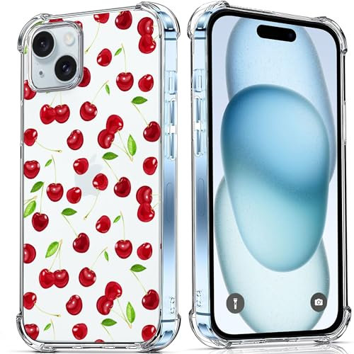 Compatible with iPhone 15 Plus Case,Clear with Cherry iPhone Case Designed for Women Girls,Soft Silicone Rubber Shockproof Full Body Protection Phone Cover for iPhone 15 Plus 6.7 Inch