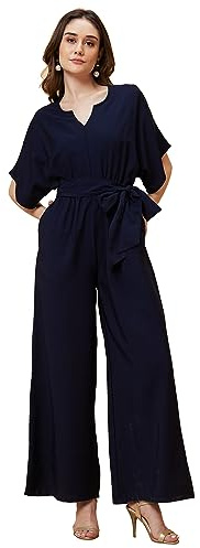 Globus Women's Casual Solid V-Neck Boiler Jumpsuit with Kimono Sleeves Waist Tie-Up Flared Hem and Pockets