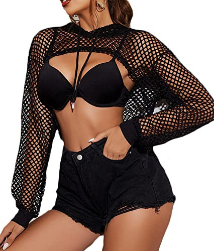 Avidlove Women's Crop Tops Long Sleeve T Shirt Fishnet Hoodies Party Outfit Rave Clothing Mesh Ladies Short Sweatshirt with Drawstring Neon UK Black L