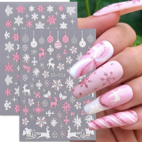 Lot de 12 feuilles d'autocollants pour ongles de Noël - 5D - Flocon de neige - Rose - Flocon de neige - Lutin - Cerf - Hiver - Nail Art - Décoration DIY