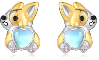Corgi Ohrringe 925 Sterling Silber Mondstein Ohrstecker Tier Ohrringe Schmuck Hypoallergen Ohrringe für Mädchen Damen