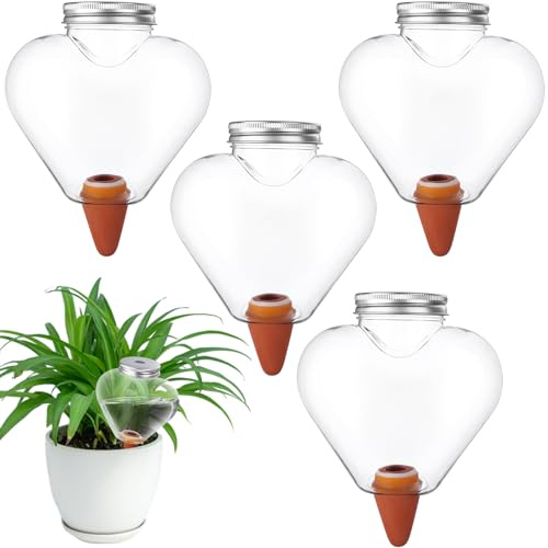 Beautywen 4PCS Clay Tip Irrigation Terra Cotta Plant Watering Stakes with Plastic Bulb Heart Shaped Self Watering Spikes Plant Self Watering Globes 500ml Decorative Self Watering Stakes
