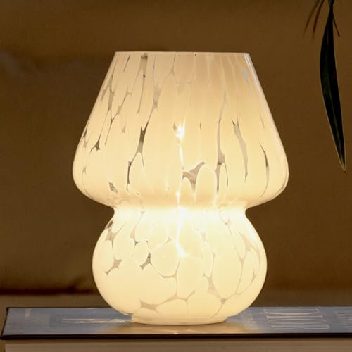 Akku-Lampe, batteriebetrieben, Pilzlampe, niedliche Gläser, Pilz-Tischlampe, ästhetisch, für Wohnzimmer, Esszimmer, Innen- und Außenbereich, Murano-Stil, inklusive Leuchtmittel (weiß mit Punkten)