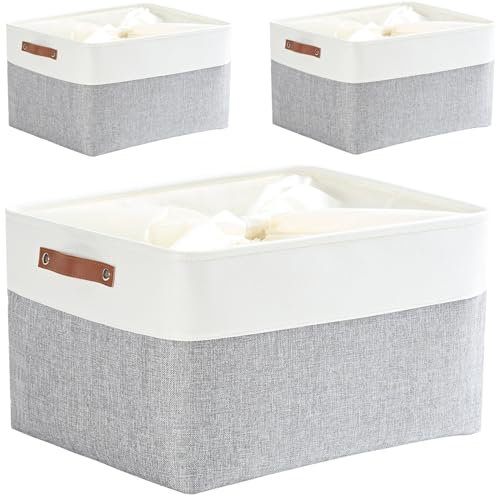 Mangata 3 Stück Aufbewahrungskorb Stoff, Aufbewahrungsbox groß Schrank, Korb Aufbewahrung Stoff mit Leder-Tragegriff für Spielzeug, Kleiderschrank, Regale, Kleidung(XXL, Grau Weiß)