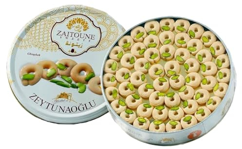 Zaitoune Ghraybeh Cookies - 500 g | Luxury Traditional Middle Eastern Pistachio Shortbreads Handcrafted in Turkey | Beautiful Reusable Gift Tin | Perfect for Dessert | Great Ramadan Sharing Present