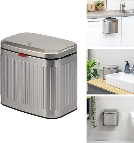 eluno Abfalleimer, Küchenmülleimer mit Schiebedeckel zum Hängen, Stellen oder Kleben, 3 Liter Fassungsvermögen, für Küche und Bad, mit herausnehmbaren Kunststoffinneneimer, Edelstahloptik