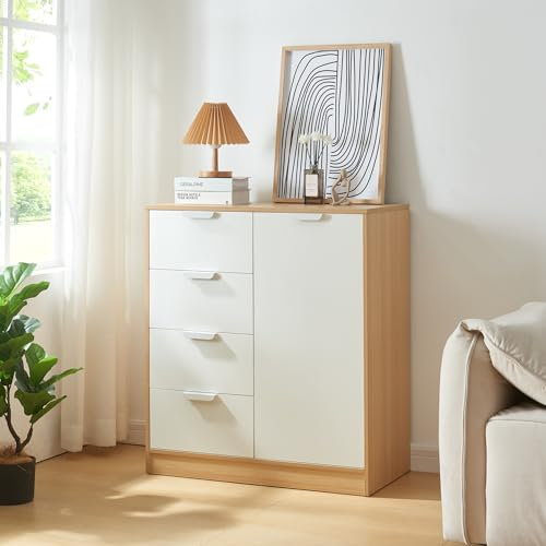[en.casa] Commode avec 4 Tiroirs et Porte Meuble de Rangement Style Intemporel pour Salon Chambre Entrée Classeur pour Bureau MDF 90 x 80 x 40 cm Effet Chêne Blanc