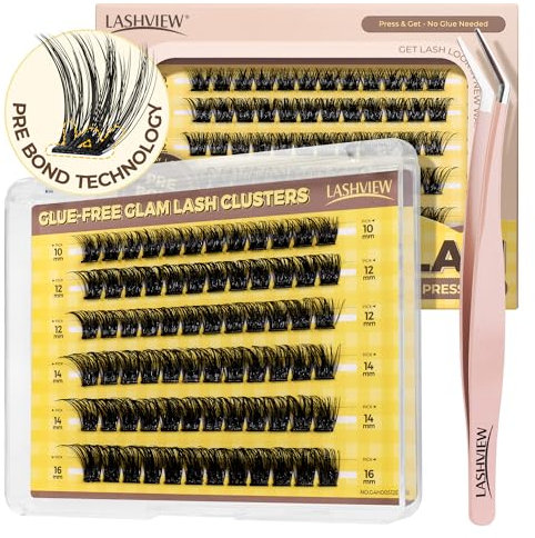 LASHVIEW Self Adhesive Lashes Clusters Eyelashes,Press-on Lashes 10-16mm Individual Lash Extension Kit with Lash Tweezers,No Glue Needed Natural Self Adhesive DIY Eyelash Extension Kit (F23)