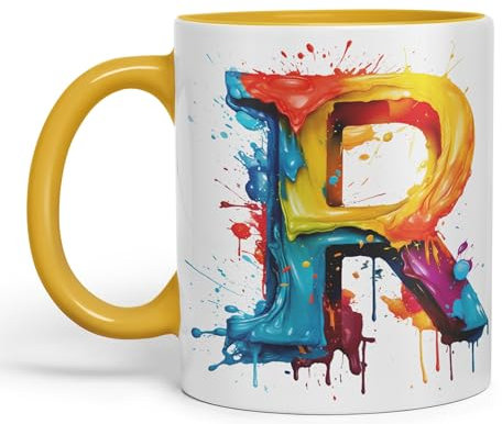 Vixar Letter R Mug, Alphabet Letter R Monogram Watercolour Ceramic Coloured Mug Cup for Tea Coffee Hot Brew 330ml 11Oz Gift (G Yellow)