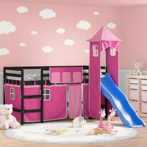 Rantry Hochbett mit Turm für Kinder, Rosa, 80 x 200 cm, massives Kiefernholz, modernes Bettgestell, Bettrahmen, Rahmen für Schlafzimmer