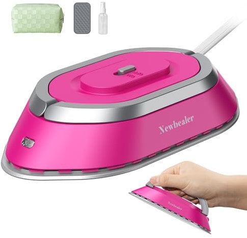 Newbealer Travel Iron - Mini Iron with Dual Voltage-220V/120V for Clothes, Compact Iron with Small Pouch for Global Travel, Quilting & Sewing, Hot Pink