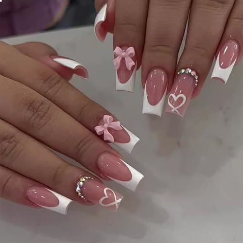 BelleVive 24 pcs. French Tip Press-on Ongles avec pendentifs, Ongles artificiels de Taille Moyenne, French Nails Blancs, Press-Ons, Noeud Mignon à Coller, Ongles acryliques Longs carrés