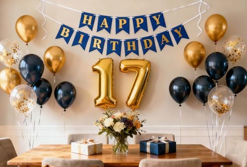 Luftballons 17. Geburtstag Dekoration Metallisches Marineblau-Gold Junge, 17. Geburtstagdeko mit Happy Birthday Banner Zahl 17 Folienballons Latex Ballon für 17 Jahre Sohn Ihn Jubiläum(17.)