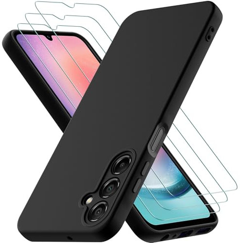 Cover per Samsung Galaxy A25 5G con 3 Pezzi Pellicola Vetro Temperato, Custodia in Morbida Silicone Liquido, Sottile e Antiurto con Rivestimento in Microfibra AntiGraffio, Nero