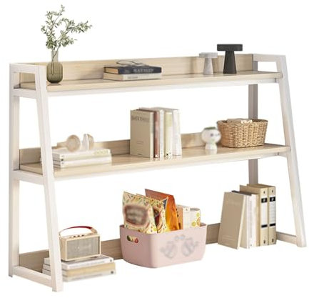 QXGJTLI 3-Tier Ladder Cubic Shelves for Computer Desk, Metal and Wood Desktop Bookshelf Desktop Display Rack, Desk Organizer with Partitions for Dorm Offices Dressing Tables and Kitchens
