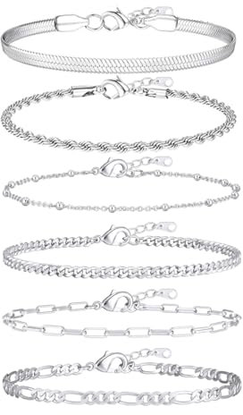JEYORZY 6 Pcs Ketten Armbander für Damen, Armkette Damen Twist Figaro Kettenarmbänder Verstellbar Modeschmuck Armbander Set Silber Armbander für Damen Mädchen, Armband für Damen Frauen