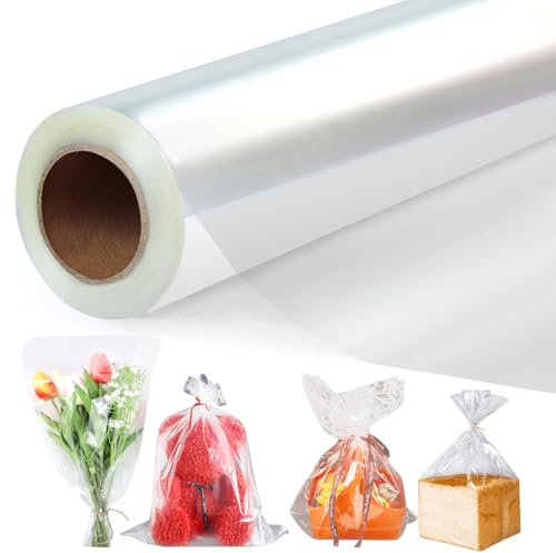 GIBOHOM 86 CM x 30 M Papier Transparent Emballage, 3 Mil Cellophane Emballage Transparent Papier Emballage Fleuriste, Papier Cadeau pour Fleurs, Artisanat, Bonbons, Paniers Cadeaux(86CM plié à 43CM)