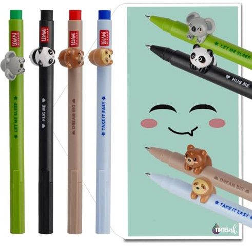 Tinte Ink Legami Lovely Friends Gelschreiber, 4er-Set inkl. Geschenkumschlag, wählen Sie süßes Design (Bär, Panda, Koala und Faultier)