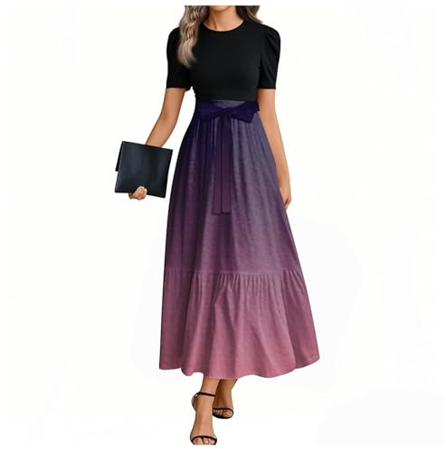 Sommerkleid Damen Lang Elegant Maxikleider Damen Sommer Blumen Sommerkleider Leicht Und Luftig Kleid A Linie Farbverlauf Kurzarm Elegante Kleider mit Gürtel Schick Rüschen Blumenkleid