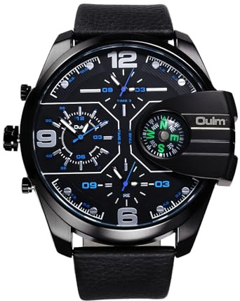JewelryWe Herrenuhr Große Uhren mit 3 Zeitzonen, Herren Analog Quarz Armbanduhr mit DREI Uhrwerken Schwarz Übergroßes Zifferblatt Outdoor Sportuhr mit PU Lederarmband und Dekorativem Kompass
