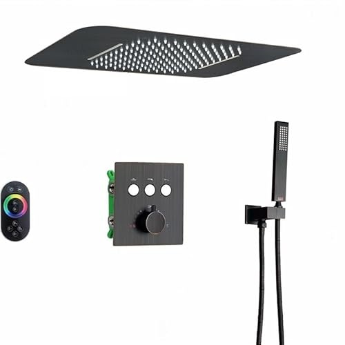 Shower Panel, Rain Waterfall Bathroom Thermostatic Shower Faucet Set,Ceiling Embedded 23 * 15 Inch Led Shower Head with Music Speaker System(H Matte Black) LWX