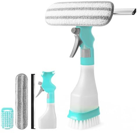 QingWing 4 in 1 Fensterabzieher mit 250ml Sprühflasche, Gummi Abzieher, Baumwolltuch und Schrubber, Fensterputzer Set per Finestre, Doccia, Bagno, Cucina, Auto, Piastrelle, Spiegel, Glas