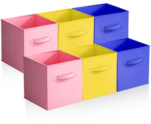 Fabric Storage Cubes 6Pcs Foldable Organiser Boxes Collapsible Storage Bins | 28x28x28cm with Handles Easy-Assembly Storage Baskets for Shelves Wardrobe Clothes & Bedroom Organisation (Coloured 2)